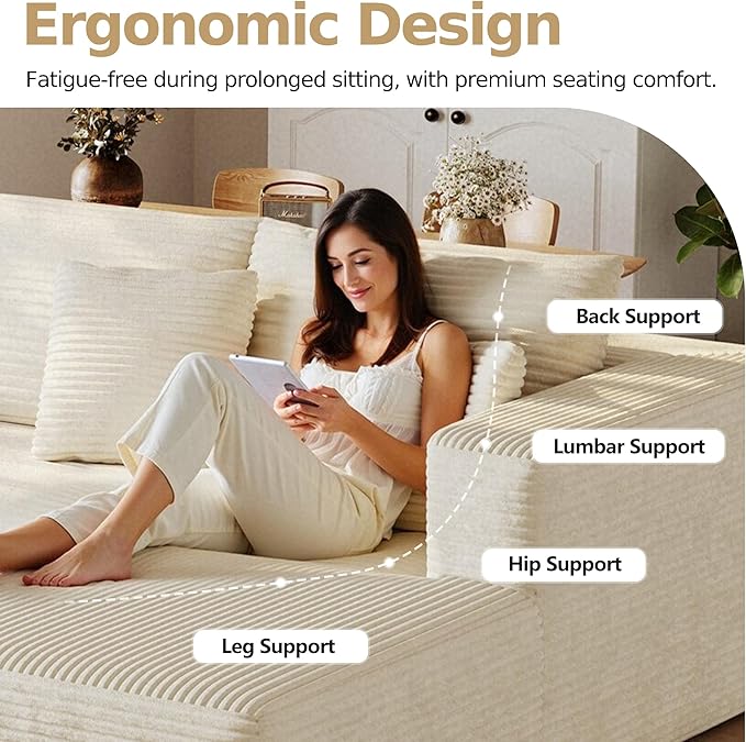 108'' Sectional Boneless Couches for Living RoomCloud Sectional Couch with L-Shape ChaiseModern Corduroy Modular Sofa with Deep SeatNo Assembly Required(Right Facing ChaiseBeige)