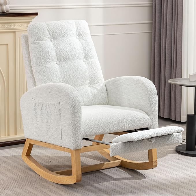 Modern Nursery Rocking Chair with Footrest High-Back Reading Chair Versatile Accent Lounge Chair with Storage Pocket Upholstered Glider for Bedroom Living Room