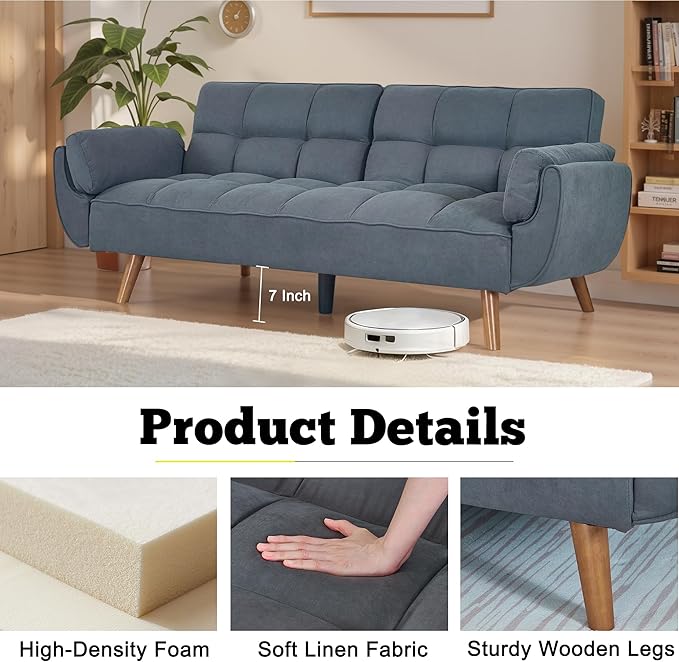 Convertible Futon Sofa Bed Sleeper Sofa Bed with Adjustable Backrests Linen Loveseat Sofa Small Couches for Small Spaces Living Room Bedroom (Dark Gray)