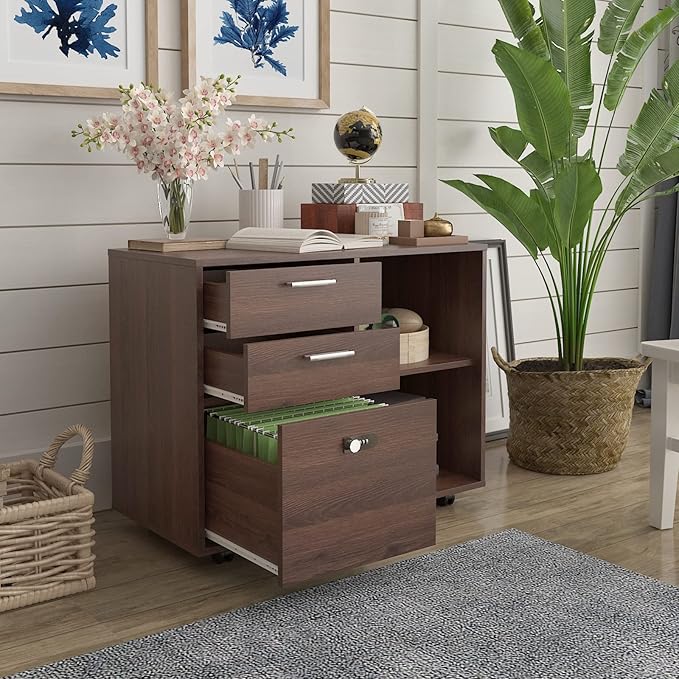 Drawer Wood File Cabinet with Coded Lock Mobile Lateral Filing Cabinet Printer Stand with Open Storage Shelves for Home Office Modern Popular Wood Grain