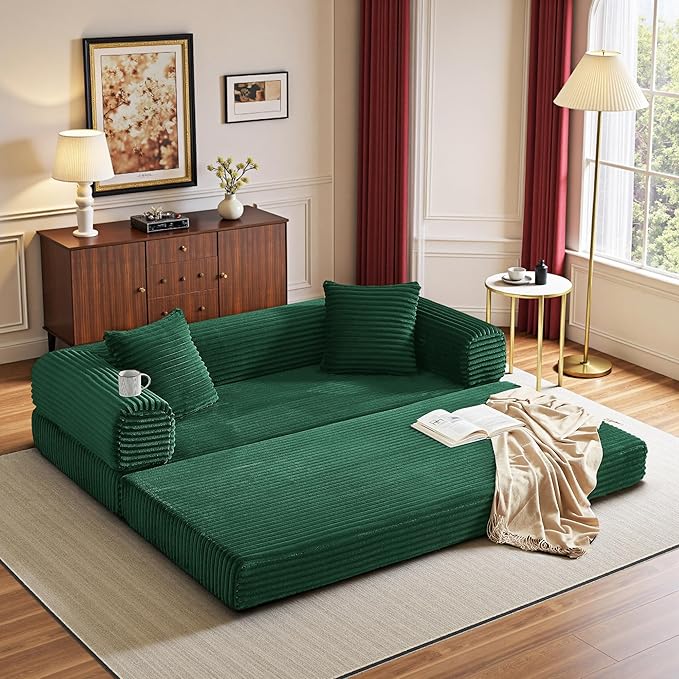 Boneless Couch Versatile Couches for Living Room No-Install Sofa Bed Corduroy Futon Soft Cloud Couch with Pillows for Bedroom Game Movie (Green)