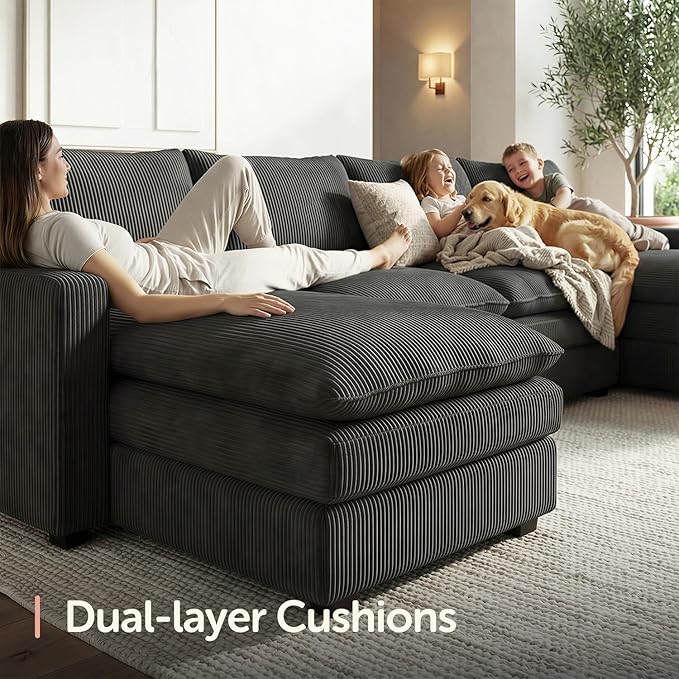 HONBAY 127.2 Inch Corduroy Cloud Modular Sectional Sofa with Chaise Deep Seat U-Shaped Couch with Storage for Living Room Apartment Small SpaceGrey