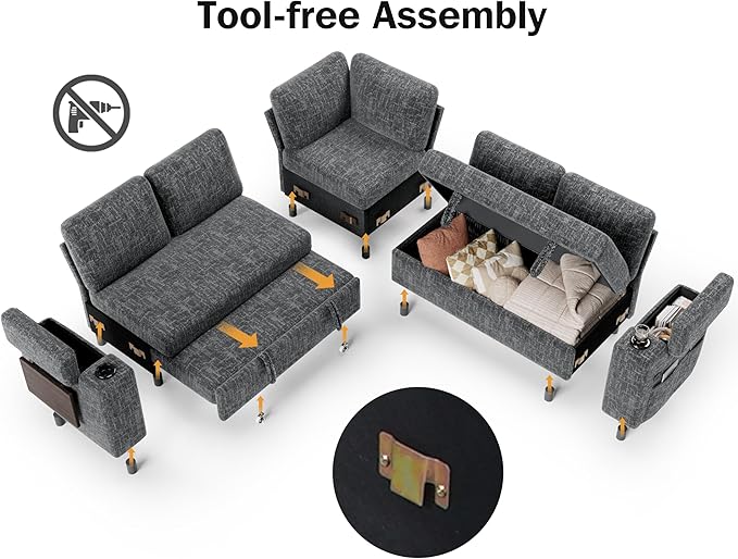Vipbear 86 Modular Sectional Sleeper Sofa with Pull Out Bed 5 Seat Chenille L Shaped Couch with USB Ports|Cup Holders|Side Table|Storage Seat Armrests Tool Free Assembly Grey