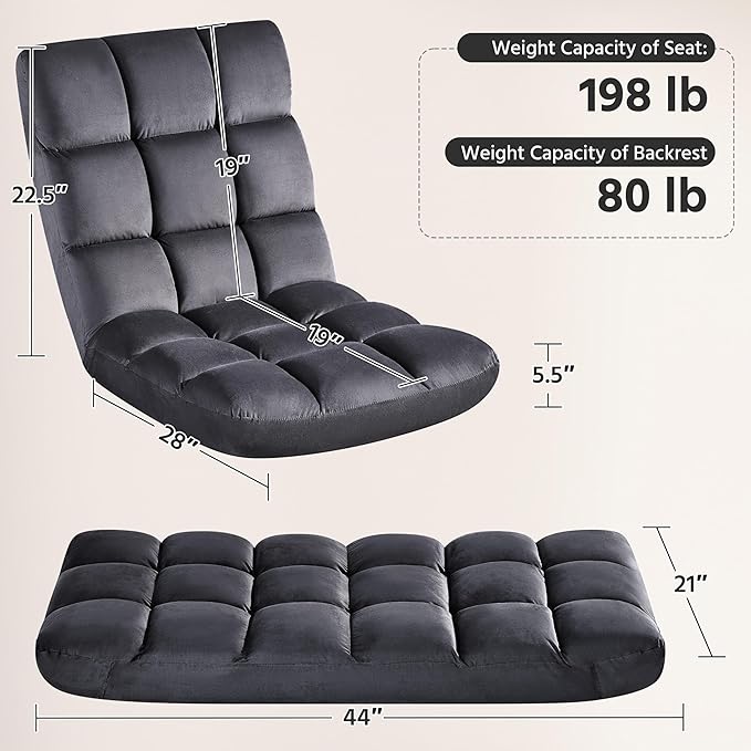 Yaheetech Floor Folding Chair with Back Support Padded Folding Gaming Sofa Chair with 14 Adjustable Backrest Adults Couch Recliner Floor Seating Lounge Chair Armless Meditation Chair Gray
