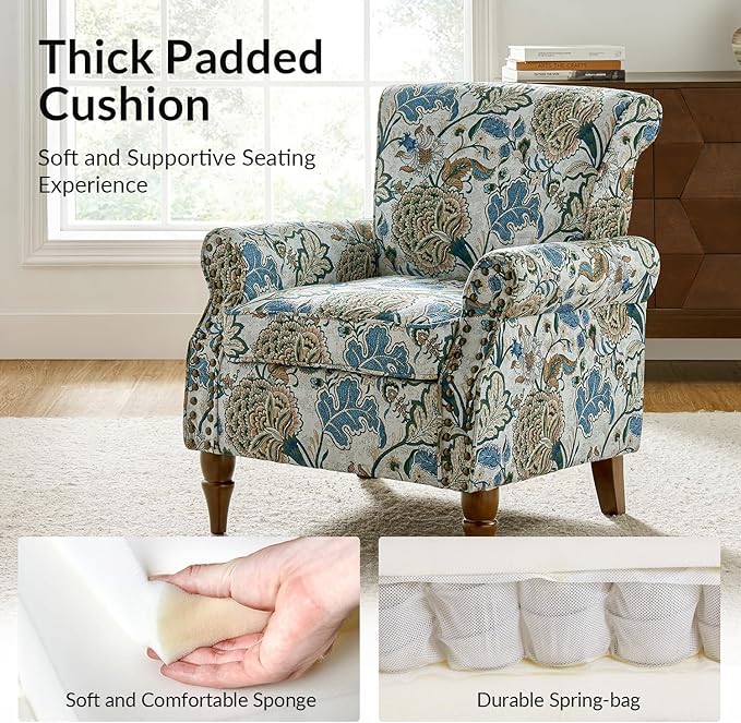 Wingback Accent Chair with Wood Legs Modern Comfy Upholstered Armchair with Removable Cushion and Nailhead Trim Floral Pattern Single Sofa Reading Chair for Living Room Bedroom