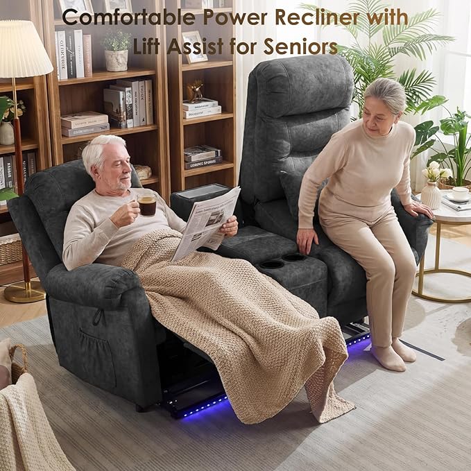 SAMERY Loveseat Recliner Sofa Power Lift Recliner for Elderly with Massage and Heat Electric Reclining Loveseat Sofa Couch with Console Cup Holder Outlets USB Drawer (Gray Lift Loveseat) | Easy