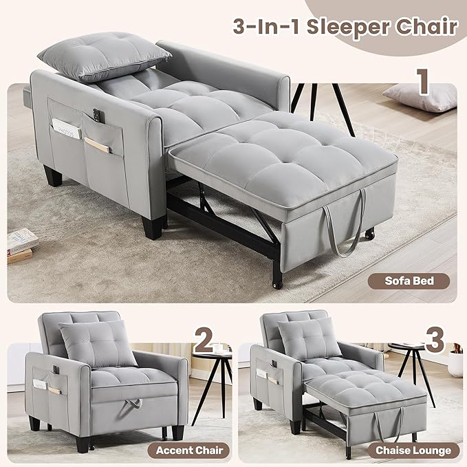 Convertible Sleeper Chair 3 in 1 Sleeper Chair Bed Pull Out Sofa Bed Chairs Velvet Single Sofa Beds with Adjustable Backrest for Adults Reading Living Room Bedroom Light Grey