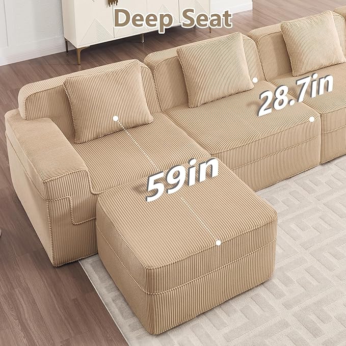 4 Seater L Shape Sectional Boneless Sofa117.3 Cloud Sectional Couch with Deep Seat No Assembly Required Throw Pillows and 1 Movable Ottoman Corduroy Fabric Camel