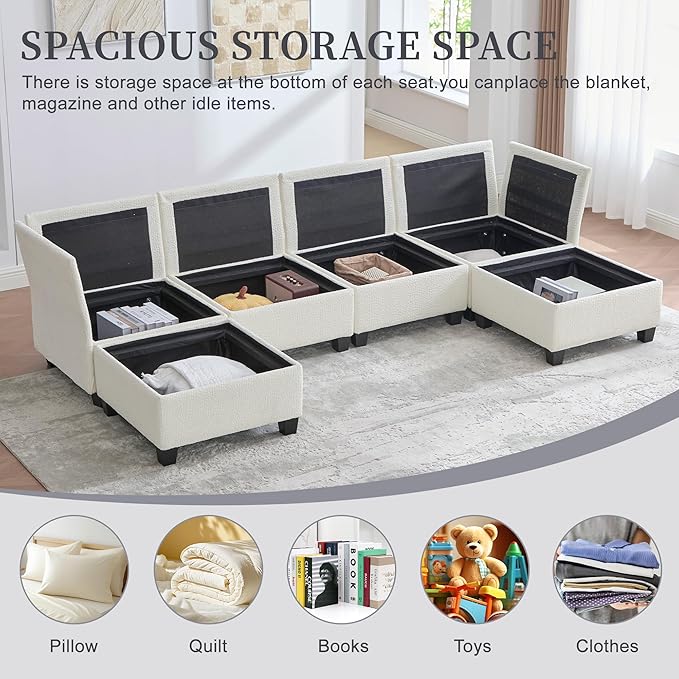 U Shaped Modular Sectional Sofa Couch with Storage Ottoman 6 Seat Convertible Upholstered Deep Seat Sofa with Chaise Lounge Comfy Cloud Couch for Living Room Beige