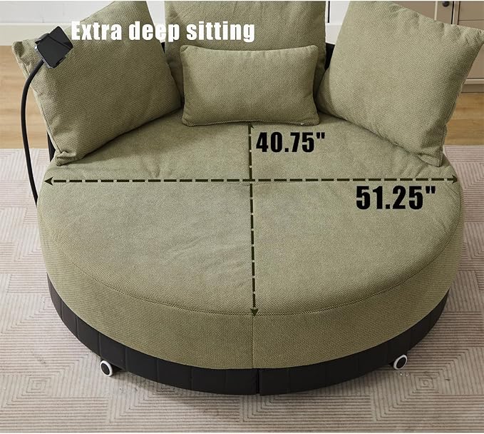 Polibi 52.75 Round Swivel Barrel Chair with Phone Holder and 360°Rotating Pulley Polyester Upholstered Chaise Lounge Oversize Single Sofa Chair for Living Room Bedroom Green