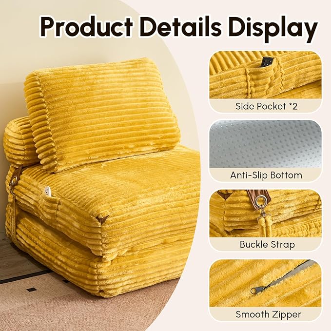 Folding Sofa Bed Convertible Sleeper Chair with Pillow Foldable Mattress Lounge Chair for Living Room Bedroom Portable Guest Bed Yellow