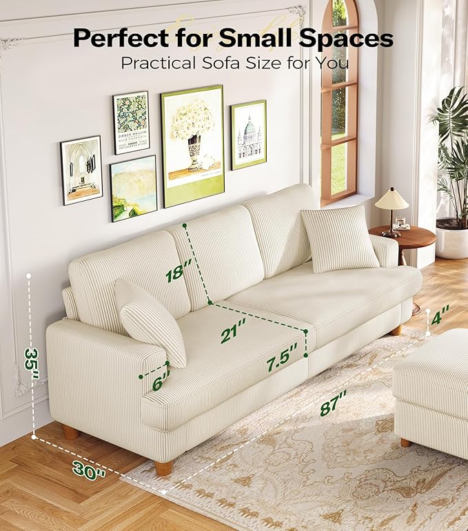 87in Corduroy Couch Kidirect Sofa No Tool Assembly Comfy Couches for Living Room 21in Deeper Seats Corduroy Sofas for Living Room with 2 Pillows Oversized Loveseat Sofa Boho Love Seat Beige Couch