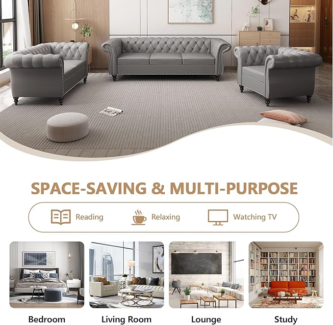 Chesterfield 3 Seater Sofa Modern Leather Tufted Couch 3 Seater with Rolled Arms and Nailhead Mid-Century Upholstered Couch for Living Room Bedroom Apartment and Office Grey