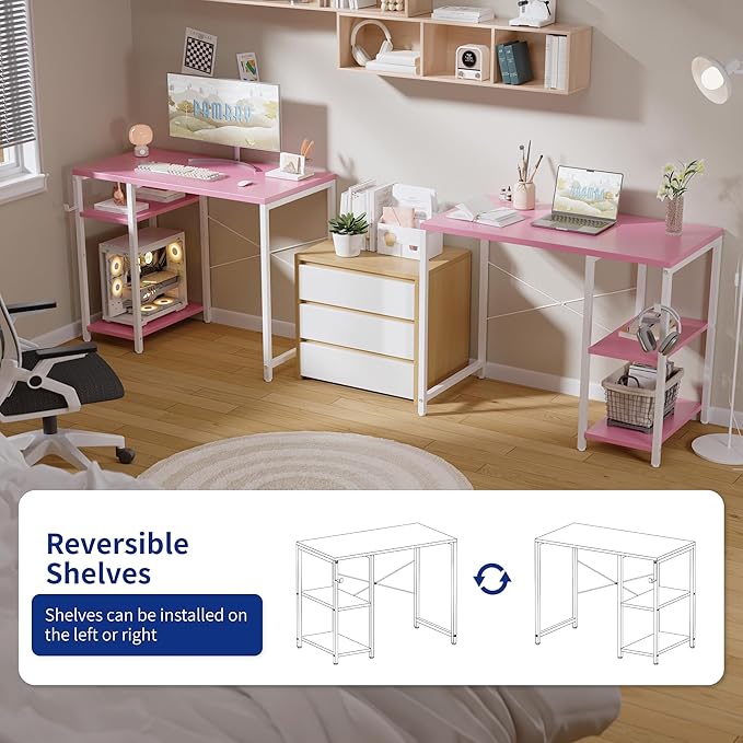 Pamray 32 Inch Small Computer Desk with Shelves Home Office Desk with Headphone Hook for Bedroom Study Writing PC Table for Small Spaces Pink