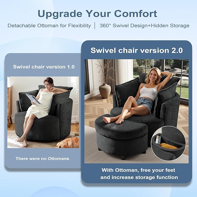 Swivel Accent Chair Round Barrel Armchair with Storage Ottoman Upholstered Corduroy Fabric for Living Room Apartment Office (Black 2-Piece)