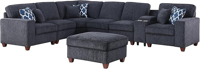 127 L-Shaped Sectional Couch with Movable Ottoman&amp6 Throw Pillows7 Seat Chenille Upholstered Sofa W/2 Cup HolderUSB Port&ampHidden Storage BoxDIY Combinationfor Living RoomApartmentDark Gr