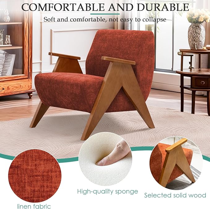 2 Pcs Home Accent Chair Mid Century Modern Accent Chair with Wood Frame Lounge Upholstered Armchair Reading Chair Sturdy BaseFor Living Room BedroomOfficeComfy Guest Waiting Room ChairsOrange