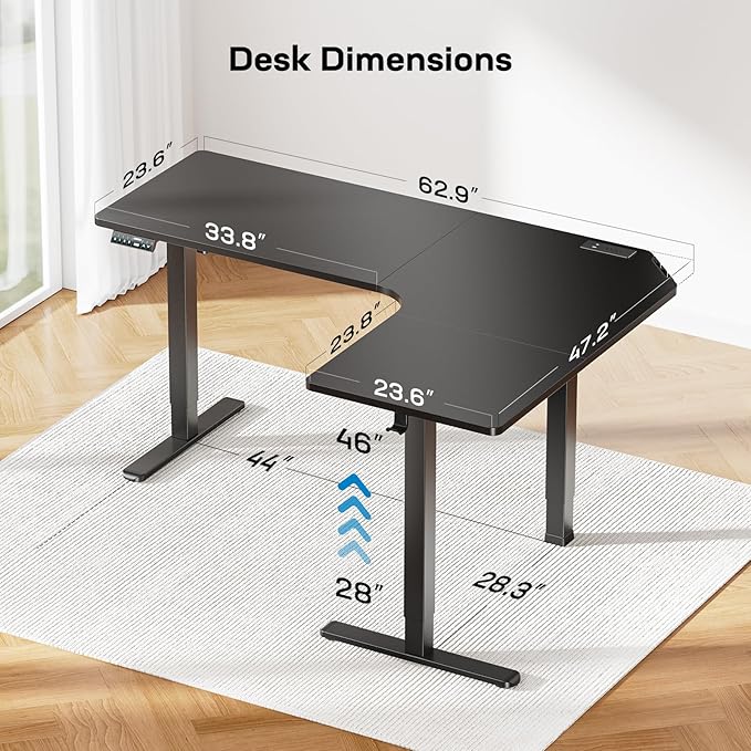 HUANUO 63″ Dual Motor L-Shaped Standing Desk Built-in Power Outlets Electric Height Adjustable Corner Computer Desk Large Power Strip Holder Sit Stand Up Desk with 3 Preset Heights Black