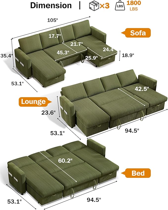 Vipbear 104 Sectional Sleeper Sofa Bed with Pull Out Bed U Shaped Couch Pull Out Couch with Reclining Backrest Reversible Storage Chaise USB Ports Tool-Free Assembly Corduroy Green