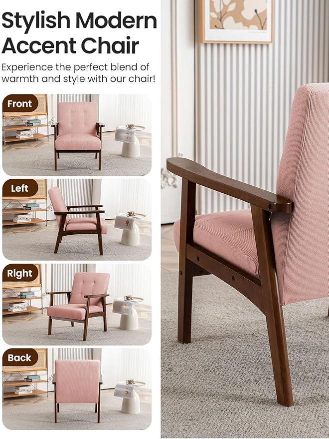 Mid Century Modern Accent Chairs for Living Room Comfy Bedroom Chairs for AdultsSmall Wide Reading Nook Arm Chair 105° Ergonomic Cozy Pink Corduroy Armchair with Rubber Wood