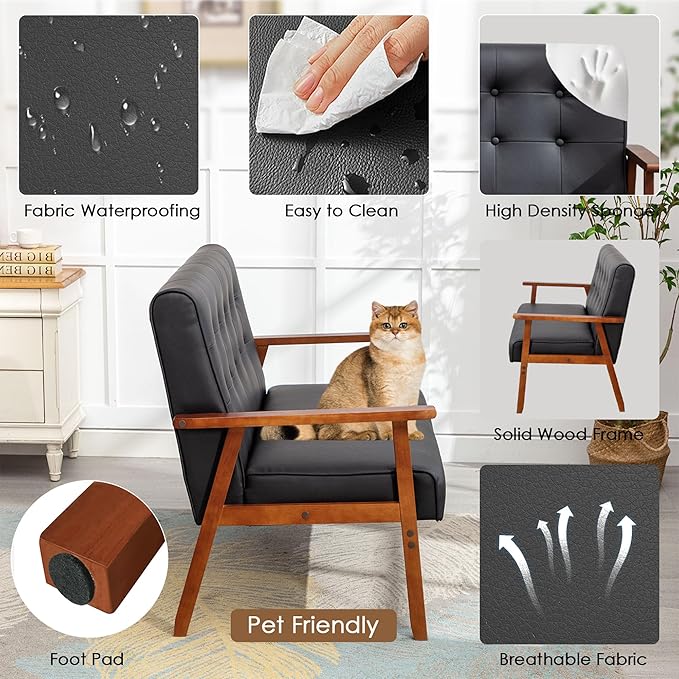 STHOUYN Black Small Leather Couch for Office Booth Seating 2 Person Waiting Room Bench Couch Mid Century Modern Loveseat Wood Sofa (Black)