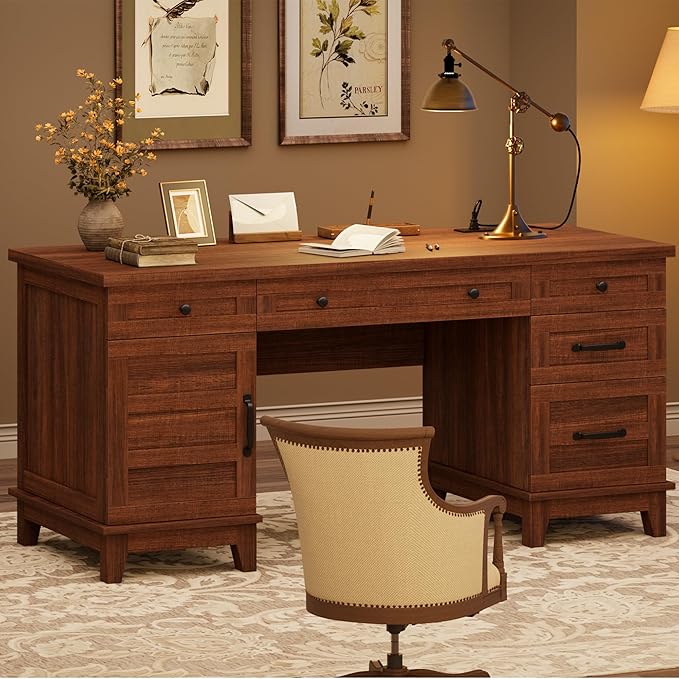 60 Executive Desk with Power Outlet Home Office Desk with Drawers Wooden Work Desk with File Cabinet Computer Desk for Work Study Writing Brown