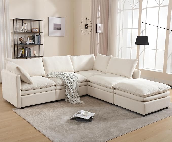 kevinplus 129.92'' Modular Sectional Sofa Couch with Convertible Ottoman for Living Room Modern Contemporary 4-Seat L-Shape U-Shape Upholstered Sofa Couch Free Combination Polyester Fabric Beige