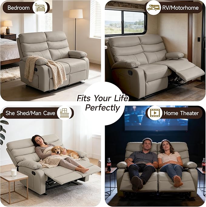 Reclining Loveseat Anti-Scratch Leather Double Recliner Sofa with Side Pocket Wall Hugger Loveseat Recliner for Living Room RV Home Theater(Beige)