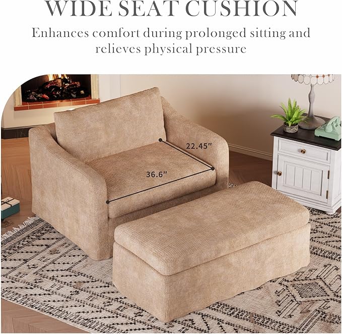Aoiy &amp Wifon 43.9'' W Oversized Accent Chair with Ottoman Upholstered Mid-Century Reading Chair Comfy Oversized Lounge Chair for Living Room &amp Bedroom Chenille Wheat