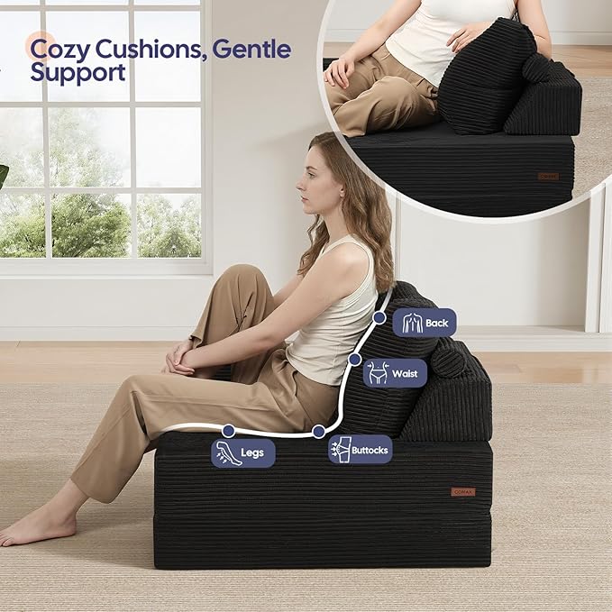 COMAX Folding Sofa Bed Foldable Couch for Bedroom Corduroy Convertible Floor Sleeper Futon Chair Foam 3 in 1 Fold Out Chair Portable Comfy Lounge Couch Single Sofa Bed for Small Space Guest Room