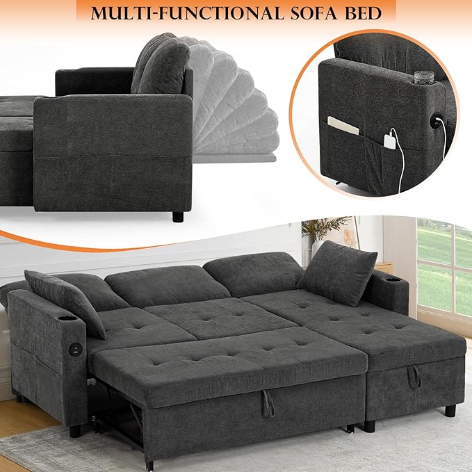 84 Fabric Sleeper Sofa Bed w/Adjustable Backrests L-Shaped Sectional Sofa Bed w/USB Port &amp Thickened Cushions Convertible Pull Out Couch Bed w/Storage Bags for Living Room Grey