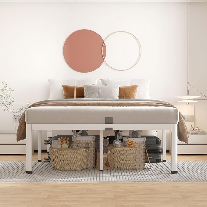 ROIL 12 Inch White King Bed Frame with Rounded Corner and Headboard Hole Mattress Retainers 3500LBS Heavy Duty Steel Slats No Box Spring Needed Platform Noise-Free Easy Assembly