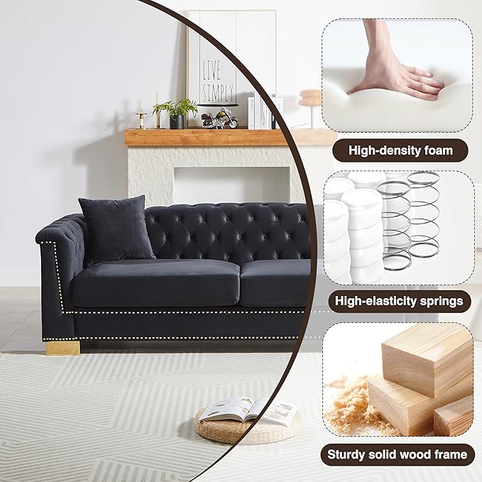 KEIKI 84 Chesterfield Sofa Upholstered 3 Seat Couch with Rolled Arm for Living Room Bedroom Office Black