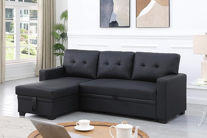 ERYE 82-inch Pull Out Sleeper Couch Bed L-Shaped Reversible Sleeper Sectional Sofa Faux Leather Tufted Upholstered Corner Convertible Sofa Bed with Storage Chaise