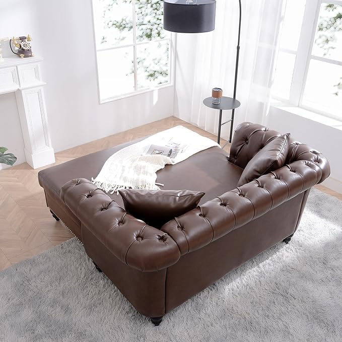 62.99 Chaise Lounge Indoor Comfy Reading Chair with 2 Pillows PU Leather Chesterfield Loveseat Sofa with Tufted Back &amp Rolled Arm Oversized Chaise Lounge Couch Indoor for Living Room Brown
