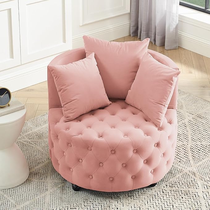GNIXUU Swivel Barrel Accent Chair 30” Modern Velvet Round Sofa Chair with 3 Pillows and Wheels Comfy Tufted Club Lounge Chair for Living Room Bedroom(Pink).