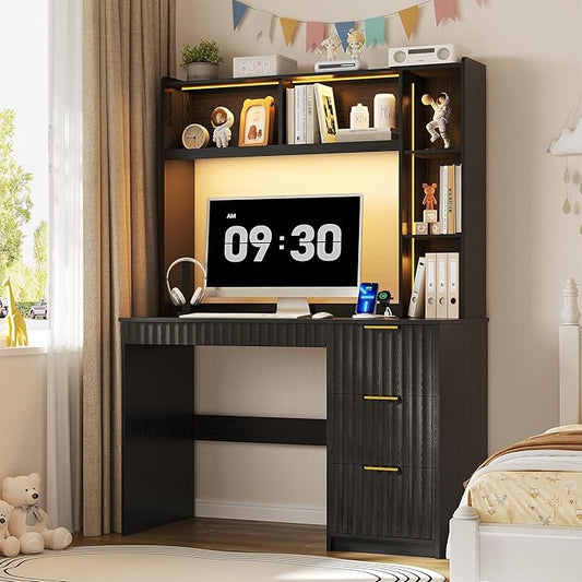 Lvifur Home Office Desk - with Hutch &amp Storage CabinetLED Study Desk with Outlet and 3 Color LED and Card-Based LockWriting Desk for BedroomComputer Desks for StudyroomIdeal for Office SetBla