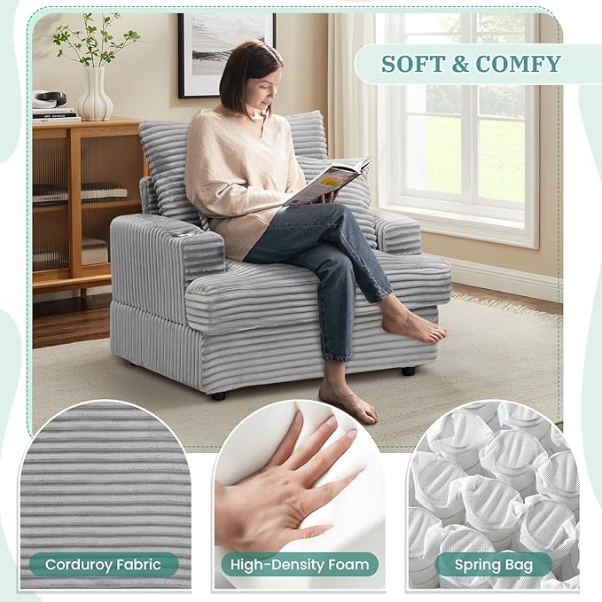 Chaise Lounge Chair Indoor 39 W Plush Corduroy Oversized Chair with Ottoman Upholstered Cozy Chaise with Cup Holder Modern Deep Seat Comfy Sofa Armchair for Living Room Bedroom(Grey)
