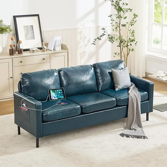 STHOUYN 73 W Faux Leather Couch w/ 2 USB Leather Sofa w/Side Pockets Wooden Frame 3 Seat Couch for Livingroom Office Apartment (Blue 3 Seater)