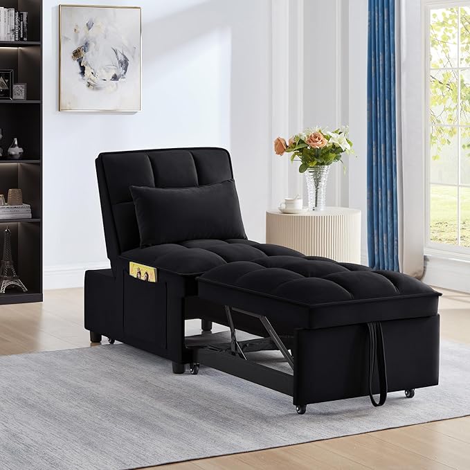 4 in1 Multi-Function Single Sofa Bed with Storage PocketsTufted Single Pull-Out Sofa Bed with Adjustable Backrest and PillowsConvertible Chaise Loungefor Small Room Apartment (Black)
