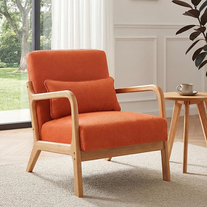 Mid Century Accent Chair Comfy Arm Chair with Solid Wood Frame Upholstered Modern Chair for Living Room Bedroom Waiting Room Orange