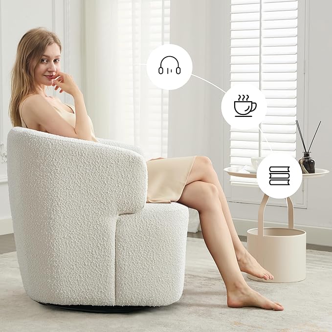 Swivel Accent Chair Sherpa Teddy Barrel Chair for Living Room Cozy Round Boucle Arm Chair Metal Base for Club Nursery Bedroom White