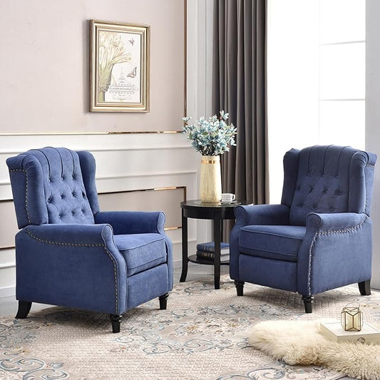 EBELLO 2 Pcs Pushback Recliner Chairs Fabric Armchair Push Back Recliner with Rivet Decoration Single Sofa Accent Chair for Living Room Bedroom Blue