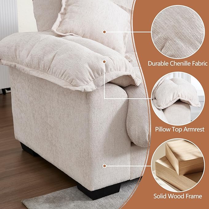 KIVENJAJA 90.5”W Oversized Cloud Loveseat Sofa Modern Chenille Tufted Deep Seat Sectional Couch Overstuffed Comfy Love seat with Pillows for Living Room Apartment Small Space Beige