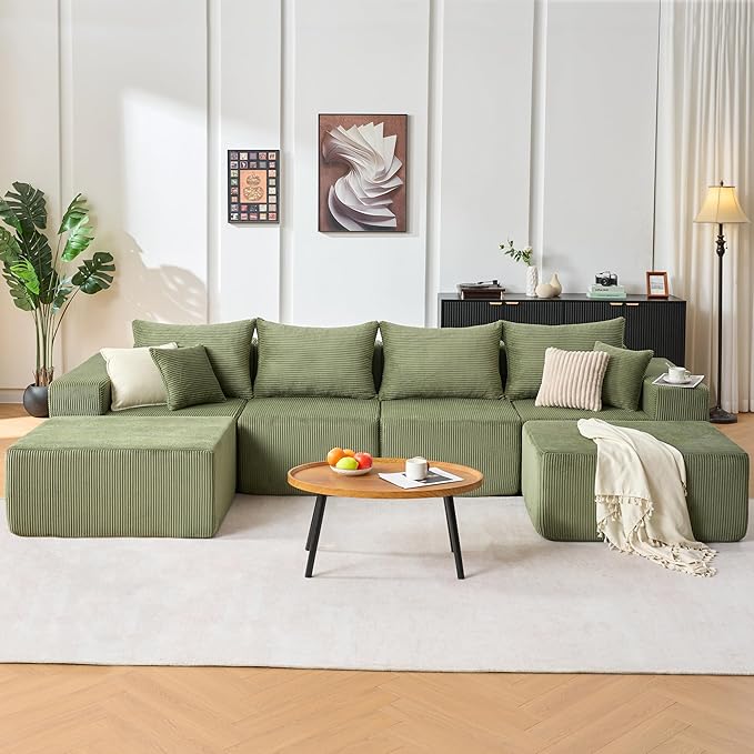 128 Modular Sectional Sleeper Sofa Modern Cloud Sectional Sofa Couch with 2 Ottomans U Shape Boneless Couches for Living Room Free Combination No Assembly RequiredGreen