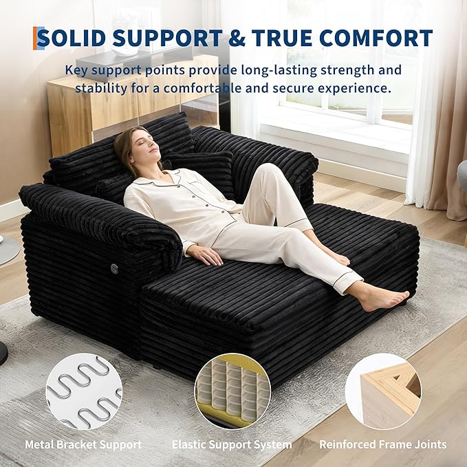 Oversized Chaise Lounge Chair Indoor Upholstered Sofa Bed with Throw Pillows and Armrests Comfy Corduroy Sleeper Couch with Cup Holders and Charging Port for Living Room Bedroom 60 Inch Wide Black