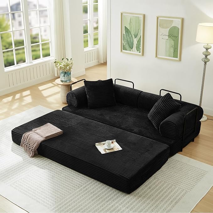 78.5W Convertible Folding Sofa Bed Corduroy Upholstered Queen Size Foam Floor Couch with Fixed-Shaped Frame Loveseat Sleeper Compression Sofa Foldable Mattress for Living Room Bedroom(Black)