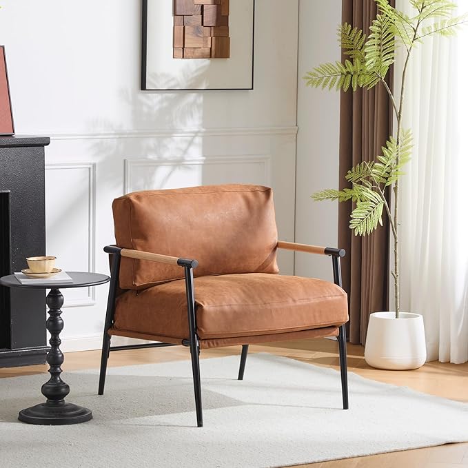 Faux Leather Modern Accent Chair Lounge Arm Chair Upholstered Armchair with Plush Cushions Single Chairs with Metal FrameWooden Armrest - Perfect for OfficeLiving RoomBedroomBrown