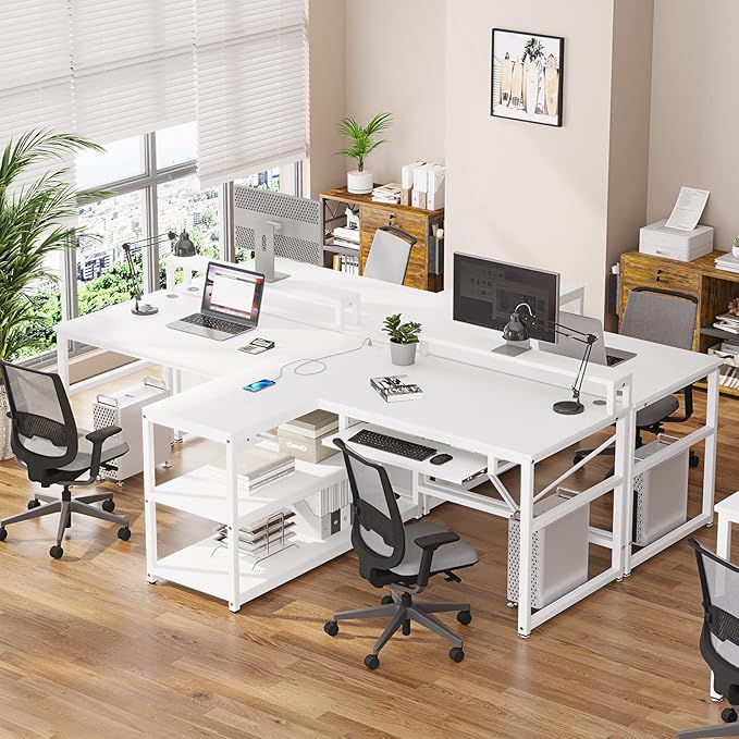 SEDETA 94.5 White Computer Desk Two Person Gaming Desk with LED Light Keyboard Tray Power Strip with USB Monitor Shelf &amp Storage Extra Long Double Desk for Home Office White