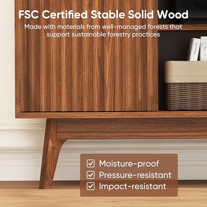 Concho Fluted TV Stand for 60 Inch TV Modern Entertainment Center with Storage and Shelves Wood TV Console with Solid Wood Legs Tall Media Console TV Cabinet for Living Room and Bedroom Walnut